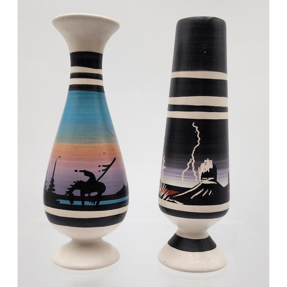 Hatali? Navajo Pottery Vases Set of 2 6" Multicolor 1991 Desert Sunset VGC